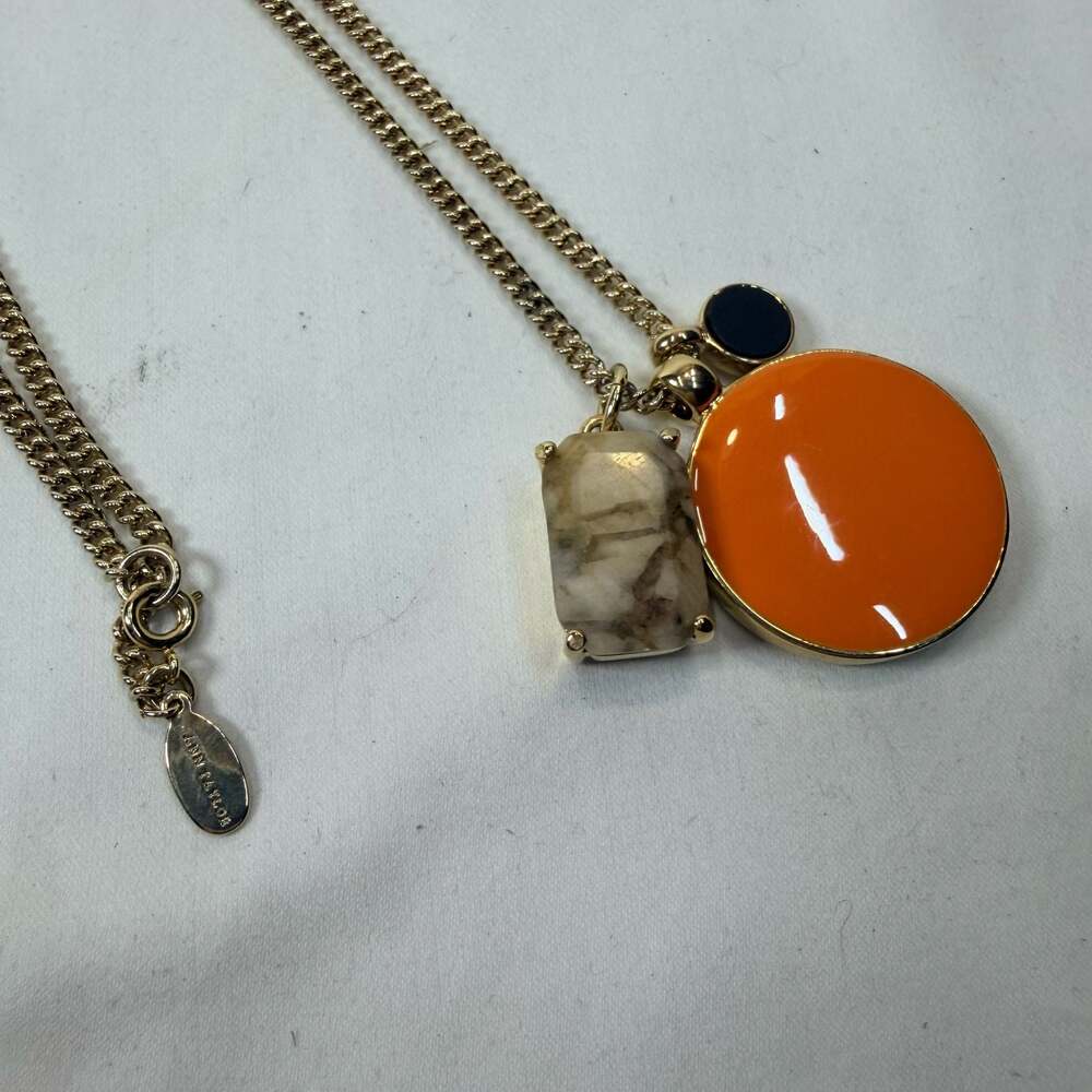 Ann Taylor Gold Tone Multi-Charm Pendant Necklace w/ Orange Enamel, Faux Stone
